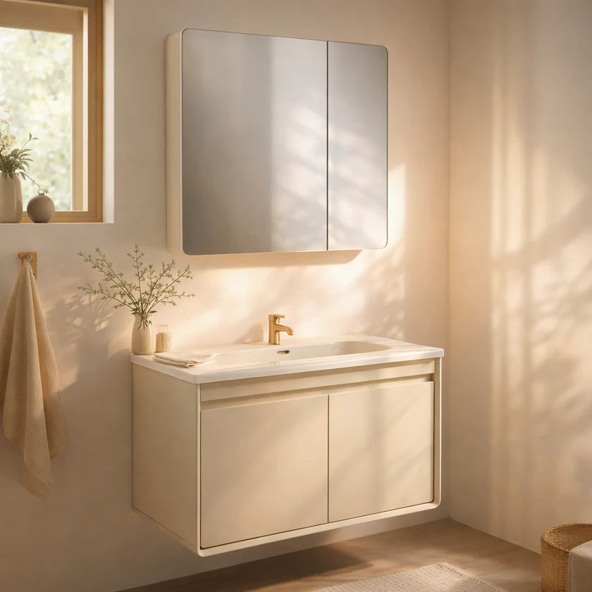 Mobile Bagno Sospeso 80cm MIMOSA in alluminio con ante e cassetti, specchiera sospesa, lavabo in ceramica