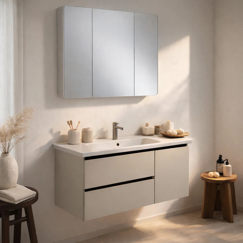 Mobile Bagno Sospeso 100 cm PEONIA in alluminio con ante e cassetti, specchiera sospesa, lavabo in ceramica