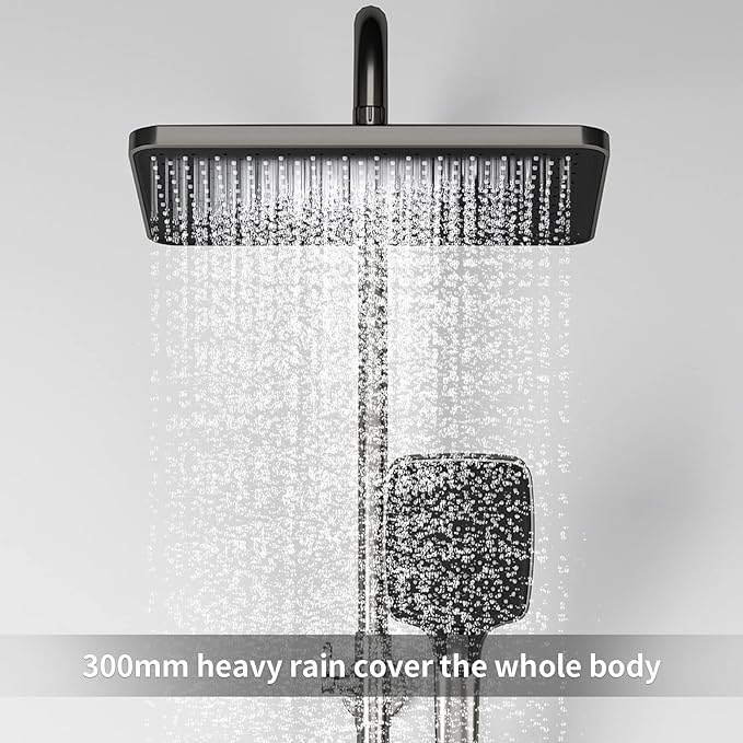 Future Home Shower Column with Thermostatic Mixer, Shower Set with 4 Piano Keys, Digital Display, Shower Head 30x21cm, Booster Hand Shower, Adjustable Height, Soft Hand Shower