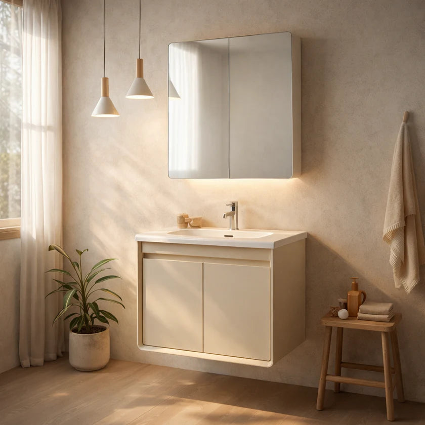Mobile Bagno Sospeso 60cm MIMOSA in alluminio con ante e cassetti, specchiera sospesa, lavabo in ceramica