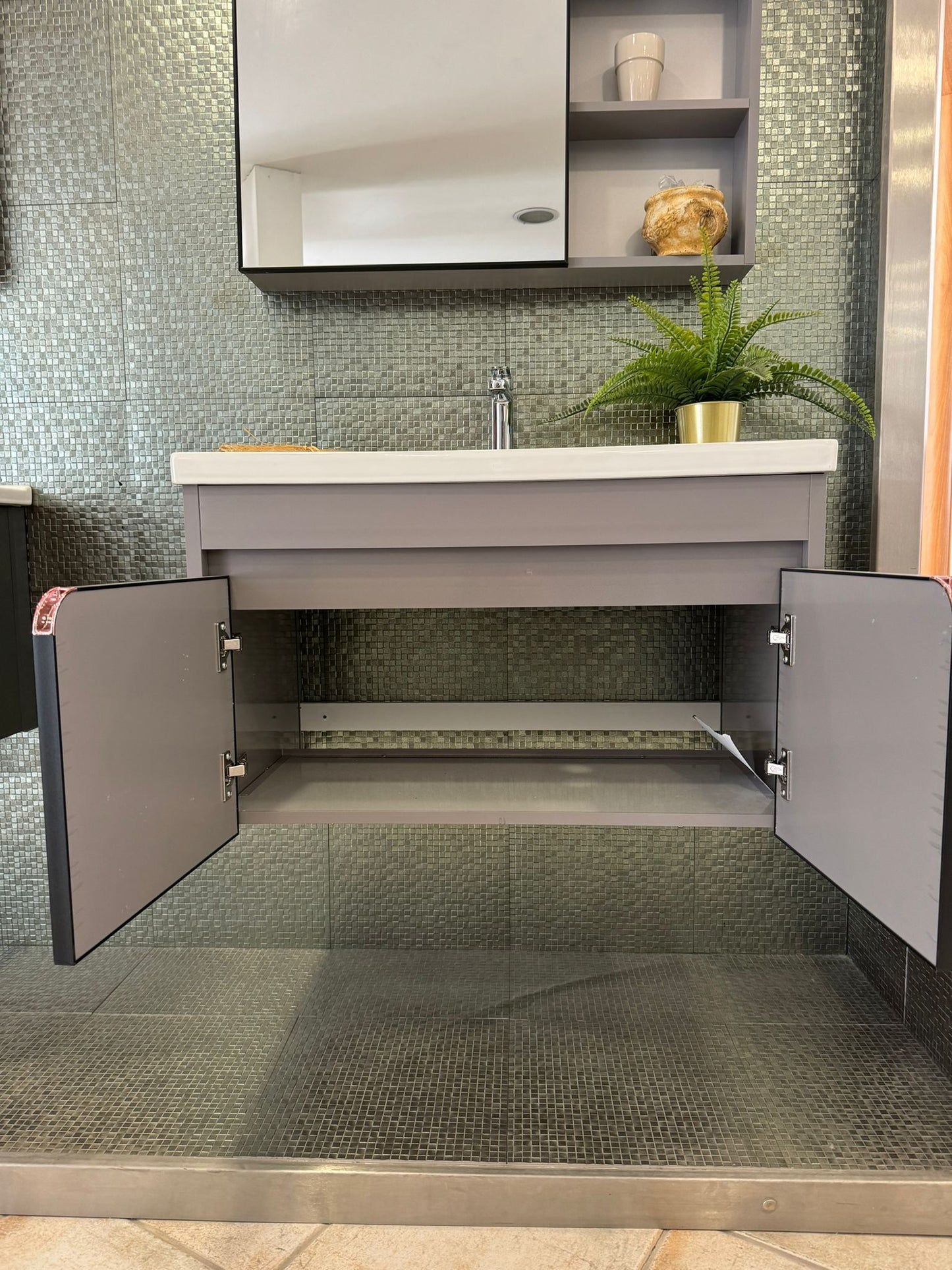 BATHROOM CABINET WITH MIRROR AND ALUMINUM CONTAINER