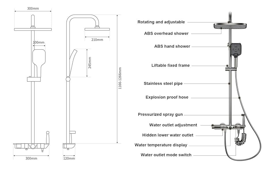 Future Home Shower Column with Thermostatic Mixer, Shower Set with 4 Piano Keys, Digital Display, Shower Head 30x21cm, Booster Hand Shower, Adjustable Height, Soft Hand Shower