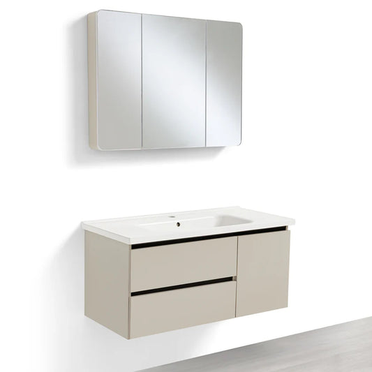 Mobile Bagno Sospeso 100 cm PEONIA in alluminio con ante e cassetti, specchiera sospesa, lavabo in ceramica
