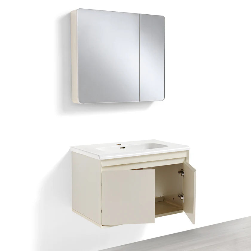 Mobile Bagno Sospeso 80cm MIMOSA in alluminio con ante e cassetti, specchiera sospesa, lavabo in ceramica