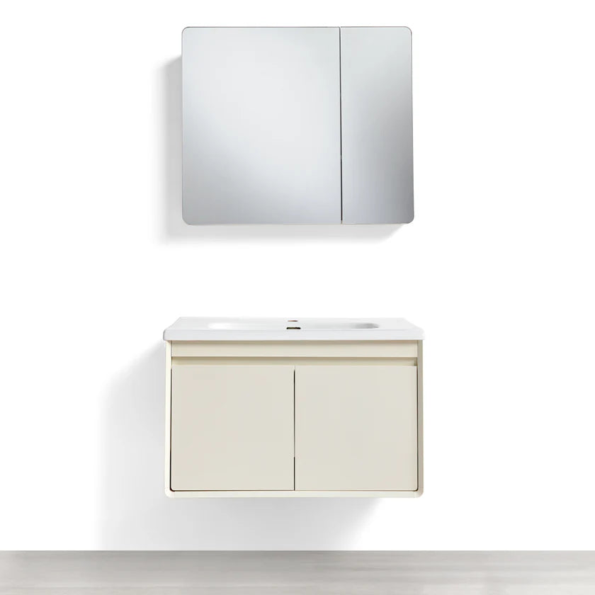 Mobile Bagno Sospeso 80cm MIMOSA in alluminio con ante e cassetti, specchiera sospesa, lavabo in ceramica