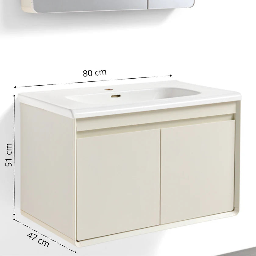 Mobile Bagno Sospeso 80cm MIMOSA in alluminio con ante e cassetti, specchiera sospesa, lavabo in ceramica