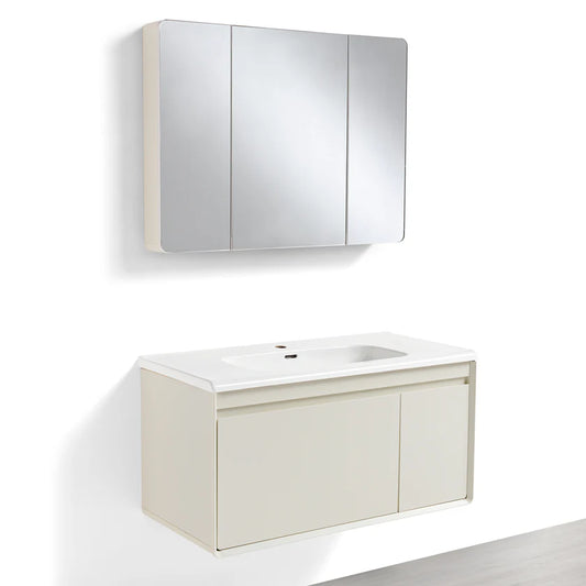 Mobile Bagno Sospeso 100 cm MIMOSA in alluminio con ante e cassetti, specchiera sospesa, lavabo in ceramica