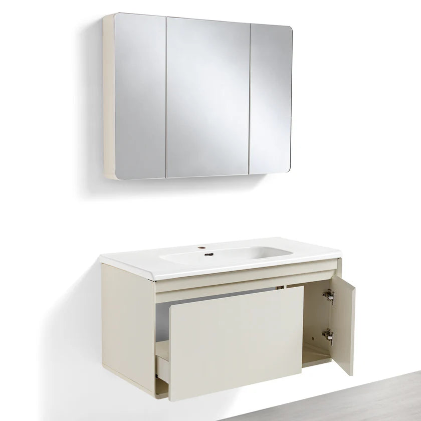 Mobile Bagno Sospeso 100 cm MIMOSA in alluminio con ante e cassetti, specchiera sospesa, lavabo in ceramica