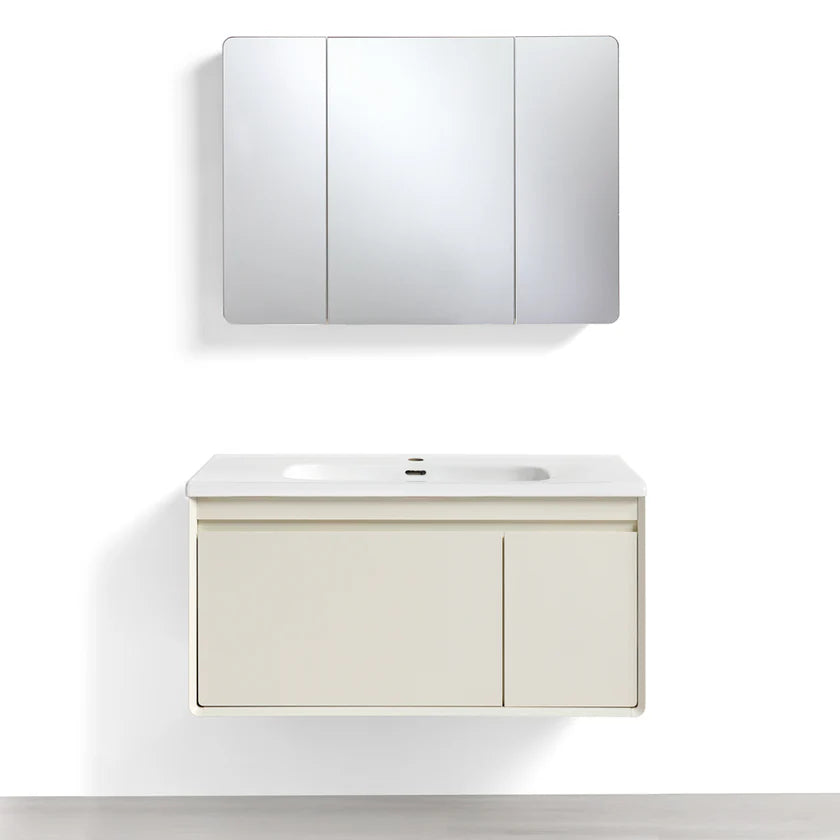 Mobile Bagno Sospeso 100 cm MIMOSA in alluminio con ante e cassetti, specchiera sospesa, lavabo in ceramica