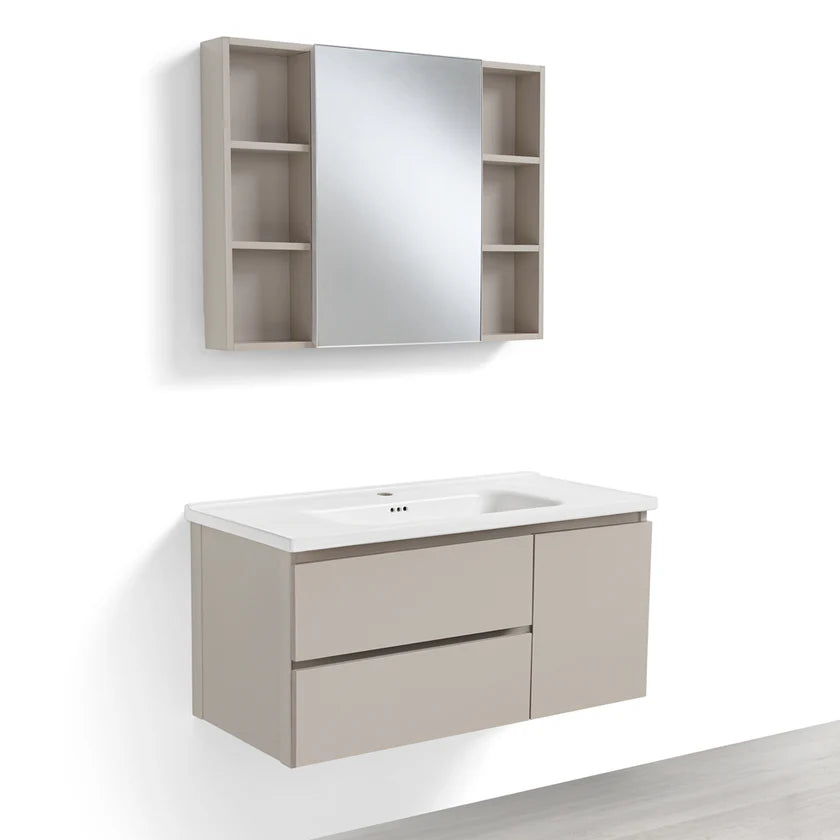 Set Arredo Bagno ALTEA 100 con mobile sospeso in alluminio a 2 cassetti e 1 anta, lavabo in ceramica e specchiera contenitore a 1 anta