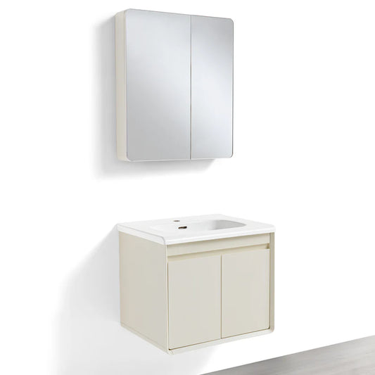 Mobile Bagno Sospeso 60cm MIMOSA in alluminio con ante e cassetti, specchiera sospesa, lavabo in ceramica