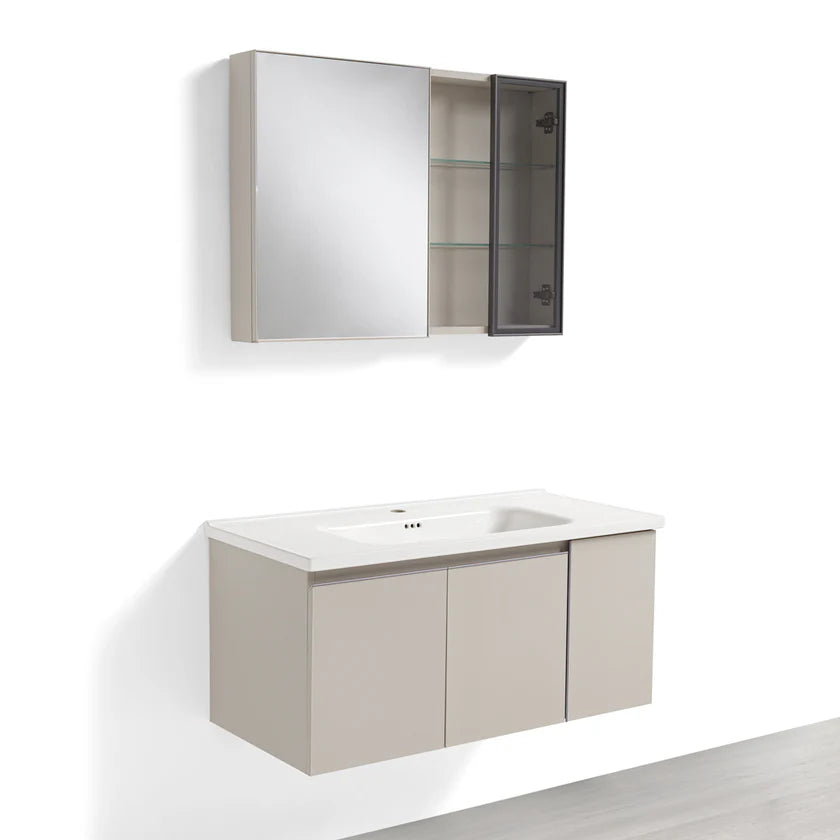 Mobile Bagno Sospeso 100 cm NINFEA in alluminio, con 3 ante, specchio contenitore a 2 ante, lavabo in ceramica