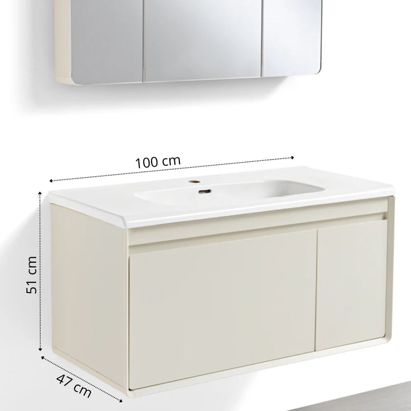 Mobile Bagno Sospeso 100 cm MIMOSA in alluminio con ante e cassetti, specchiera sospesa, lavabo in ceramica