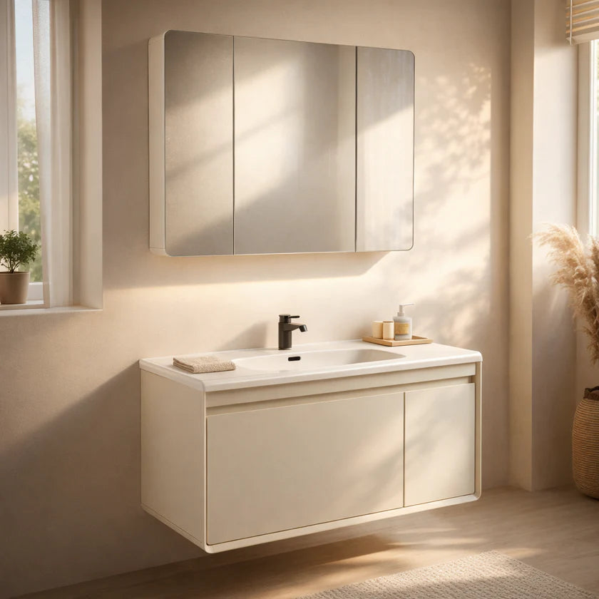 Mobile Bagno Sospeso 100 cm MIMOSA in alluminio con ante e cassetti, specchiera sospesa, lavabo in ceramica