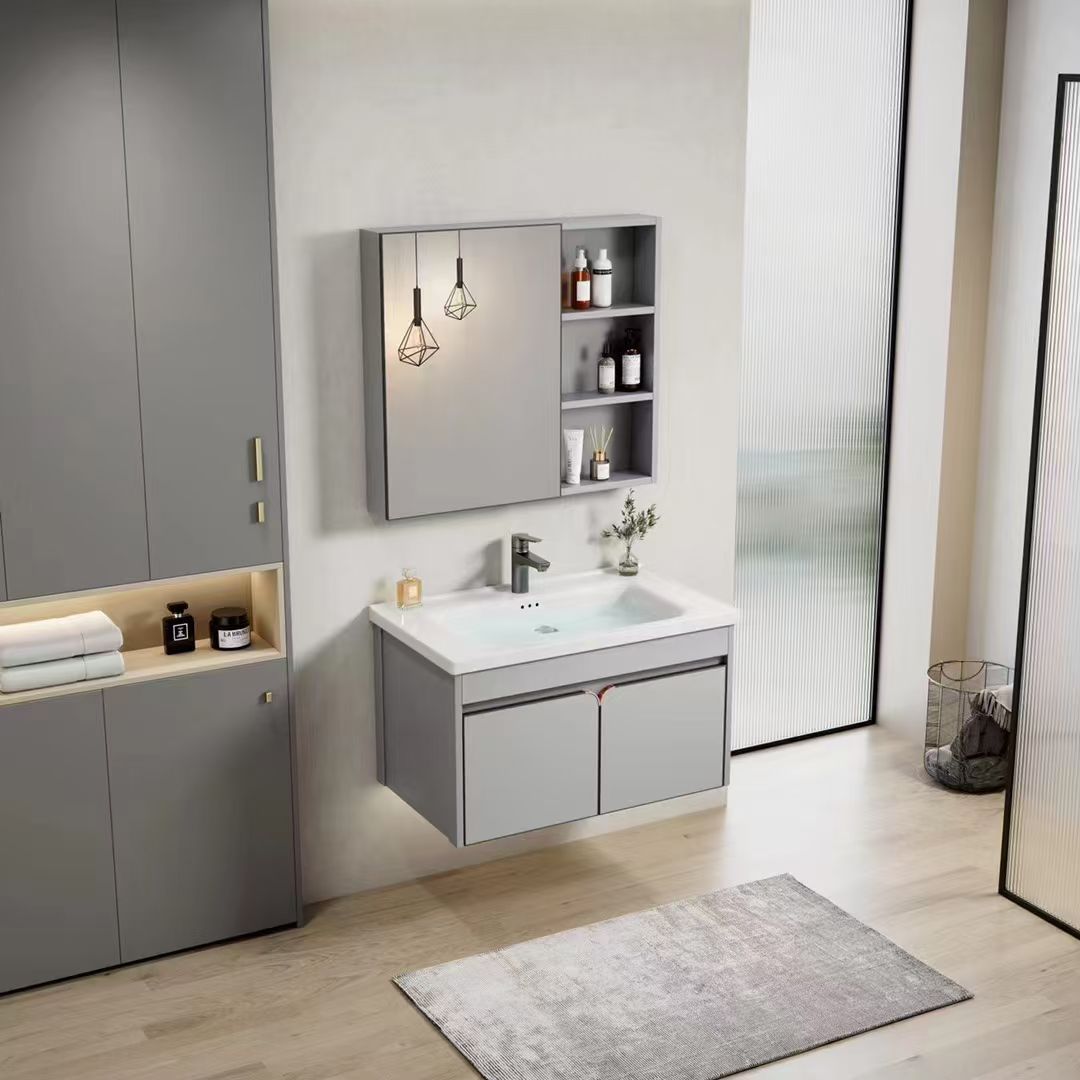 BATHROOM CABINET WITH MIRROR AND ALUMINUM CONTAINER