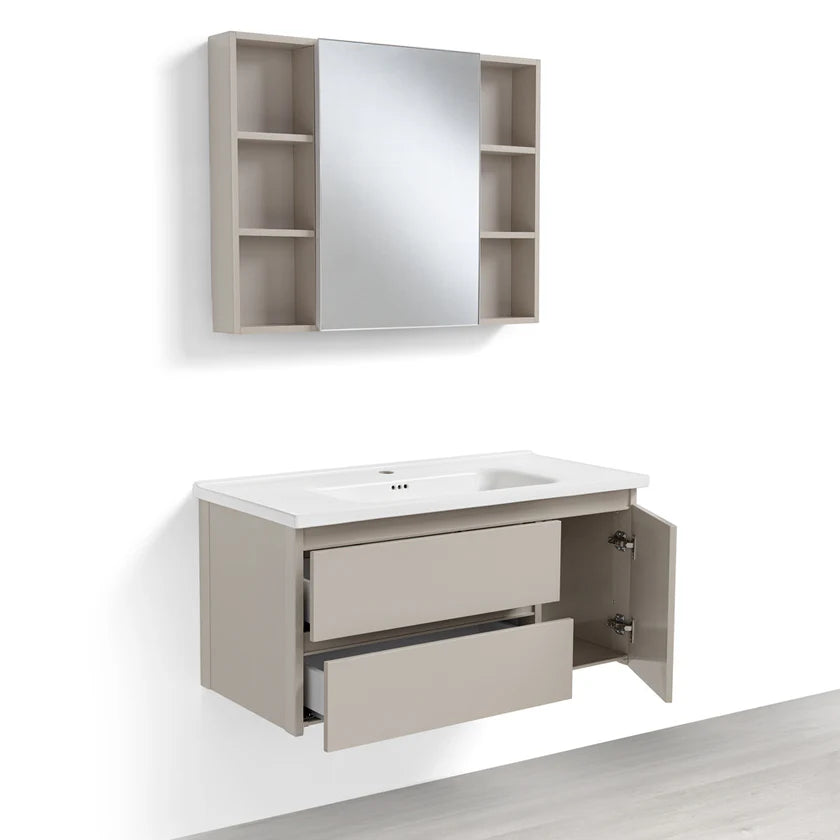 Set Arredo Bagno ALTEA 100 con mobile sospeso in alluminio a 2 cassetti e 1 anta, lavabo in ceramica e specchiera contenitore a 1 anta