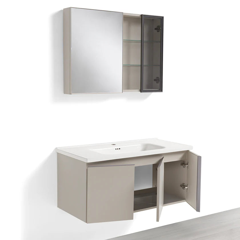 Mobile Bagno Sospeso 100 cm NINFEA in alluminio, con 3 ante, specchio contenitore a 2 ante, lavabo in ceramica