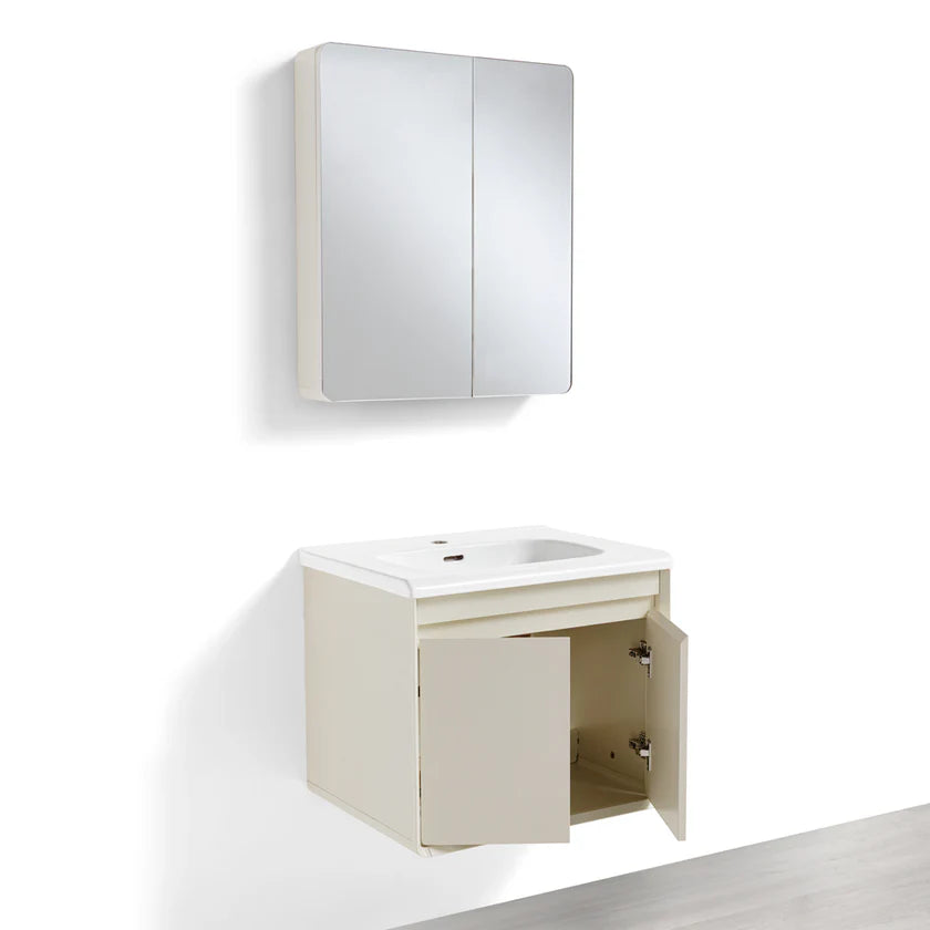 Mobile Bagno Sospeso 60cm MIMOSA in alluminio con ante e cassetti, specchiera sospesa, lavabo in ceramica