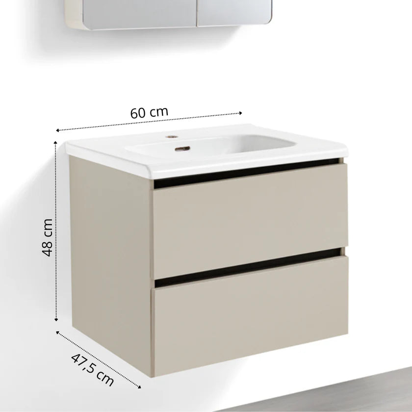 Mobile Bagno Sospeso 60/80/100 cm PEONIA in alluminio con ante e cassetti, specchiera sospesa, lavabo in ceramica