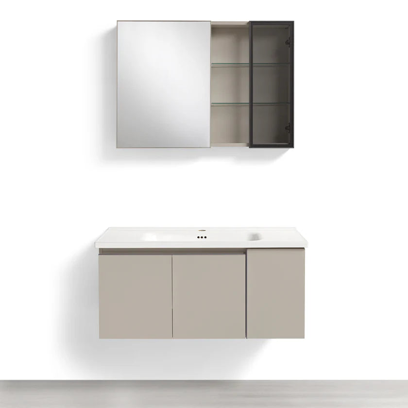 Mobile Bagno Sospeso 100 cm NINFEA in alluminio, con 3 ante, specchio contenitore a 2 ante, lavabo in ceramica