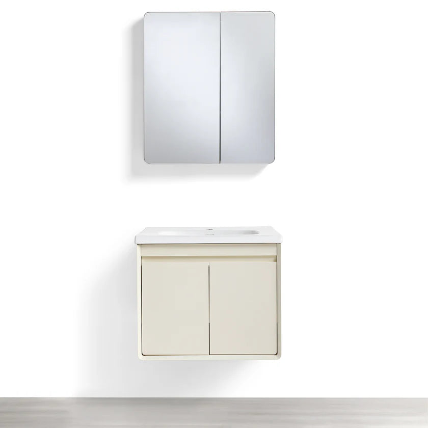 Mobile Bagno Sospeso 60cm MIMOSA in alluminio con ante e cassetti, specchiera sospesa, lavabo in ceramica