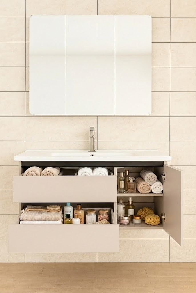 Mobile da Bagno con Specchio Contenitore, Armadietto , 100 cm, Gola Nera