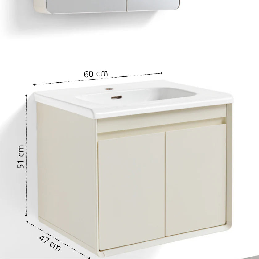 Mobile Bagno Sospeso 60cm MIMOSA in alluminio con ante e cassetti, specchiera sospesa, lavabo in ceramica