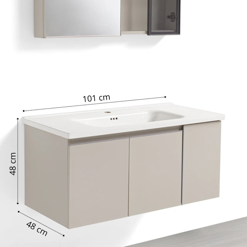 Mobile Bagno Sospeso 100 cm NINFEA in alluminio, con 3 ante, specchio contenitore a 2 ante, lavabo in ceramica