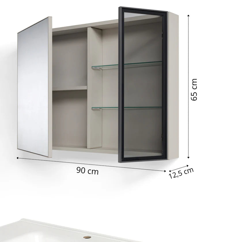 Mobile Bagno Sospeso 100 cm NINFEA in alluminio, con 3 ante, specchio contenitore a 2 ante, lavabo in ceramica