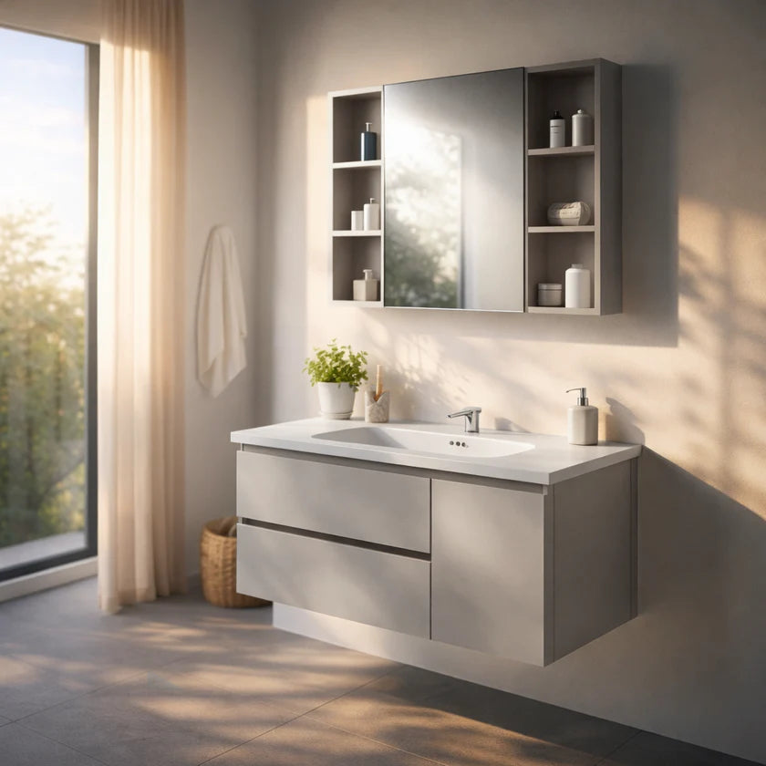 Set Arredo Bagno ALTEA 100 con mobile sospeso in alluminio a 2 cassetti e 1 anta, lavabo in ceramica e specchiera contenitore a 1 anta