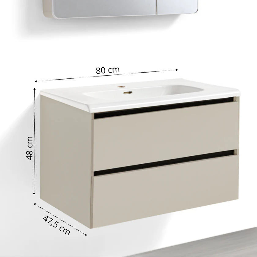 Mobile Bagno Sospeso 60/80/100 cm PEONIA in alluminio con ante e cassetti, specchiera sospesa, lavabo in ceramica
