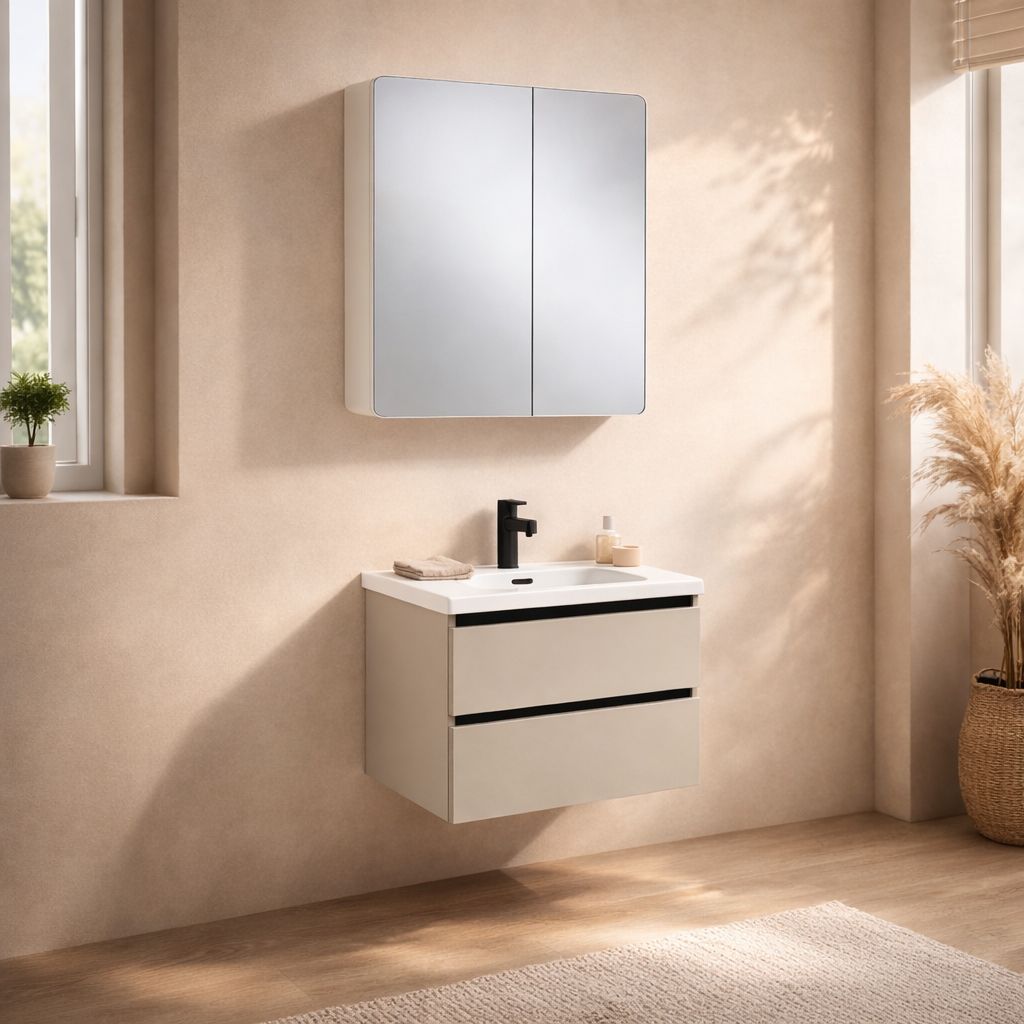 Mobile Bagno Sospeso 60 cm PEONIA in alluminio con ante e cassetti, specchiera sospesa, lavabo in ceramica