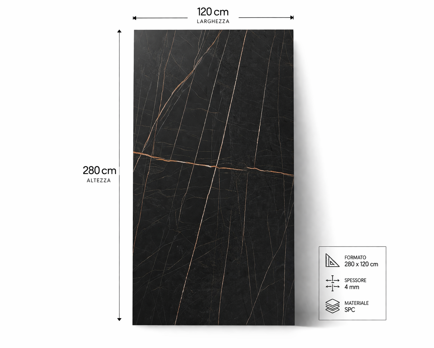 Lastra SPC Effetto Marmo Nero Venato Oro – Finitura Opaca | 280x120 cm