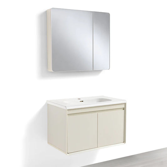 Mobile Bagno Sospeso 80cm MIMOSA in alluminio con ante e cassetti, specchiera sospesa, lavabo in ceramica
