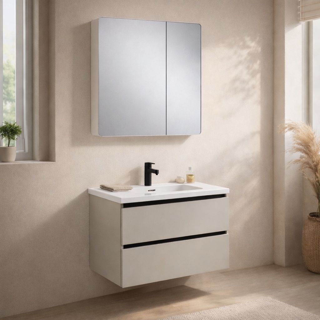 Mobile Bagno Sospeso 80 cm PEONIA in alluminio con ante e cassetti, specchiera sospesa, lavabo in ceramica
